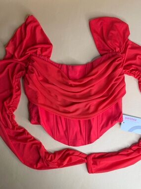 Parthea Scarlet Draped Corset Blouse with Long Sleeves